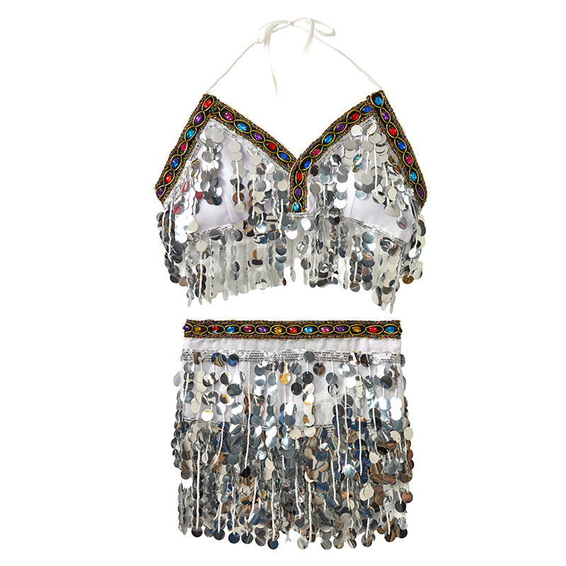 Szexi hastánc kostüm flitteres melltartóval, tassel derékkal és rojtos szoknyával előadásra — 2025 tavasz, poliészter anyag, 80–90% poliészter tartalom, kézzel vágott kivitelezés