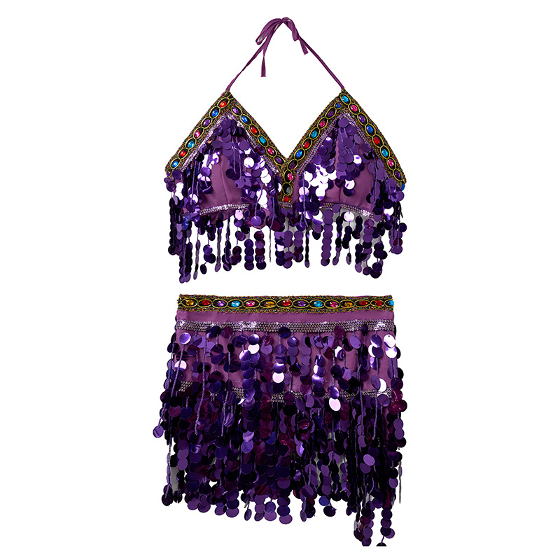 Szexi hastánc kostüm flitteres melltartóval, tassel derékkal és rojtos szoknyával előadásra — 2025 tavasz, poliészter anyag, 80–90% poliészter tartalom, kézzel vágott kivitelezés