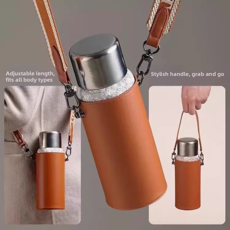 PU bőr pohárvédő crossbody pánttal, univerzális védőtok poharak/termoszok számára, egyszerű prémium dizájn, logónyomtatás elérhető