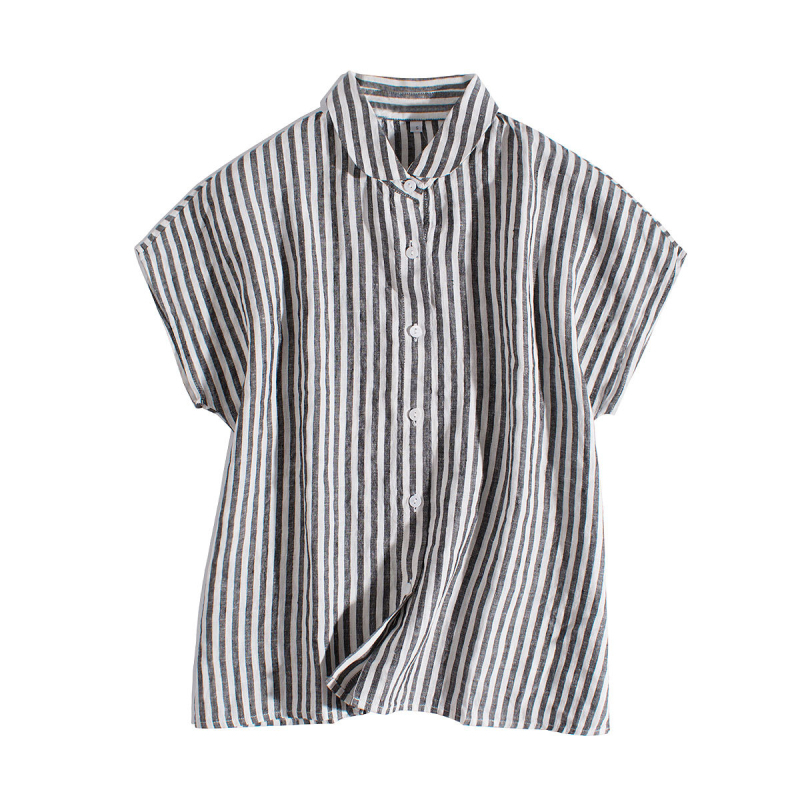 Csíkos lenvászon rövidujjú ing, alapvető, kényelmes stílus, 95%+ len tartalom