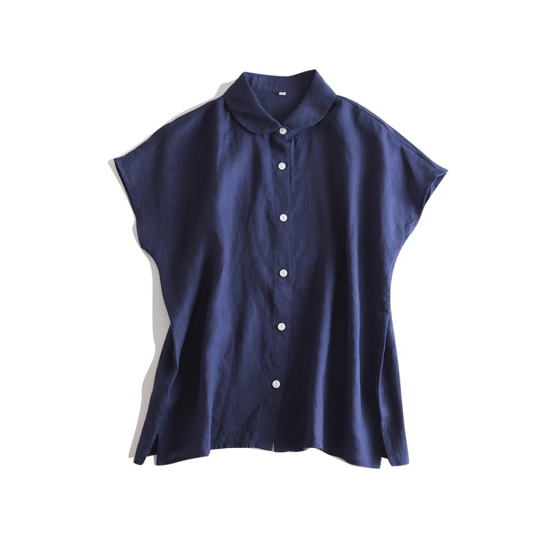 Csíkos lenvászon rövidujjú ing, alapvető, kényelmes stílus, 95%+ len tartalom