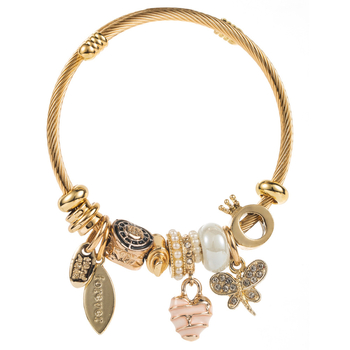 Női ötvözetű karkötő gyöngyökkel, gyémántköves díszítéssel, mintázat: szív és pillangó, állítható