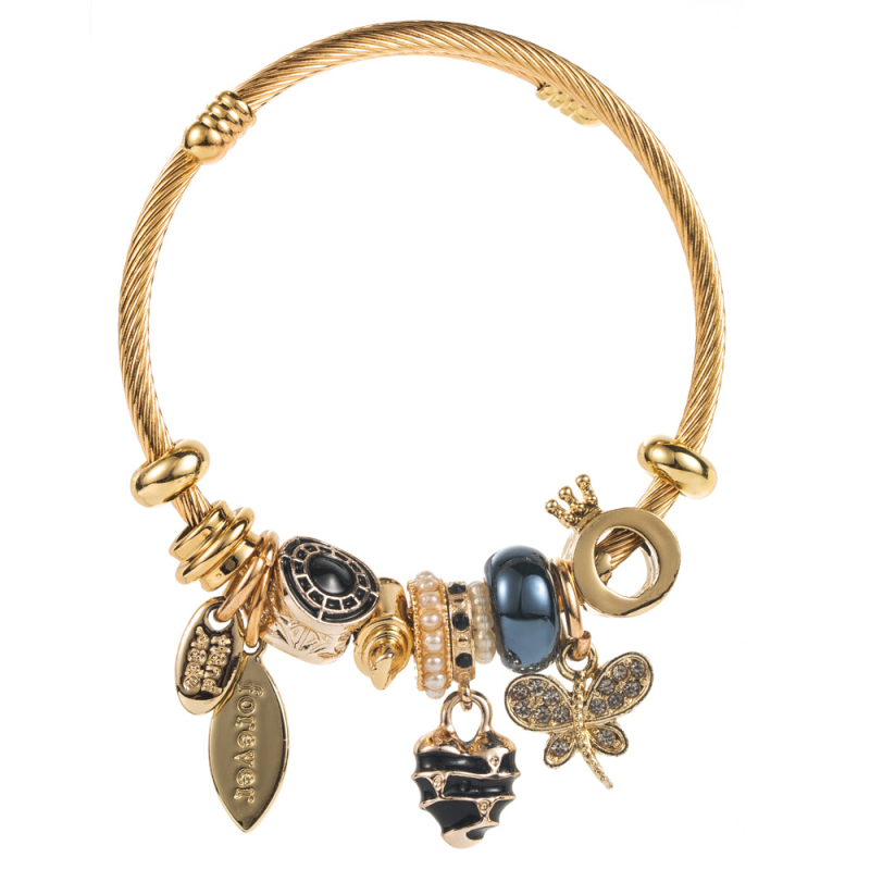 Női ötvözetű karkötő gyöngyökkel, gyémántköves díszítéssel, mintázat: szív és pillangó, állítható