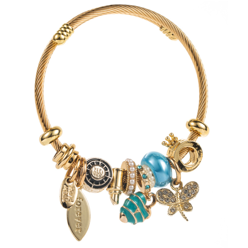 Női ötvözetű karkötő gyöngyökkel, gyémántköves díszítéssel, mintázat: szív és pillangó, állítható