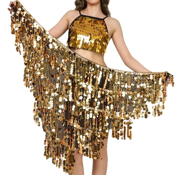 Belly dance előadásra szánt jelmez öt réteg bojtos derékszíjjal, csillogó szegecsekkel díszített szoknyával, chiffon anyag és hímzett részletek