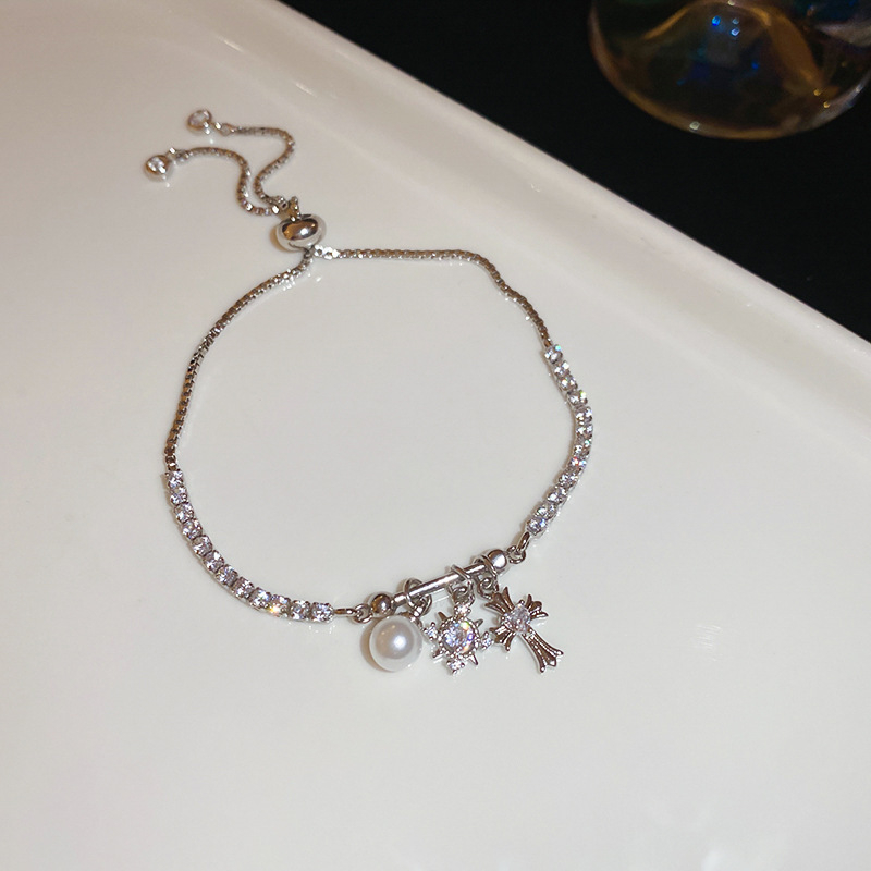 Állítható cirkónia hópehely kereszt gyöngy karkötő – geometrikus retro női ékszer