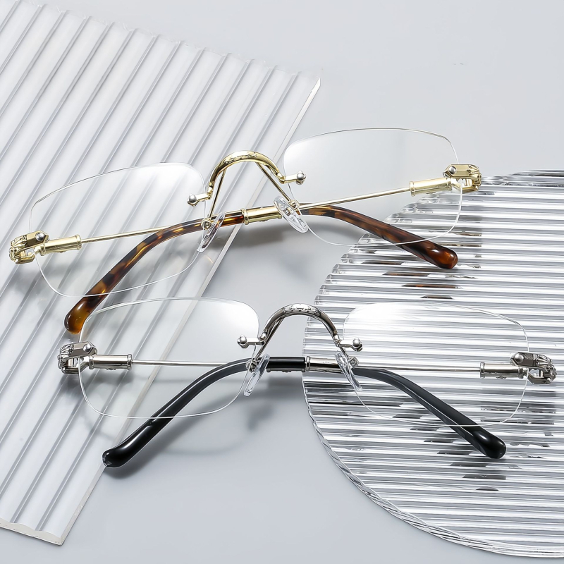 Fém keret nélküli olvasószemüveg fotokromos és anti-kék fény lencsékkel, ultrakönnyű