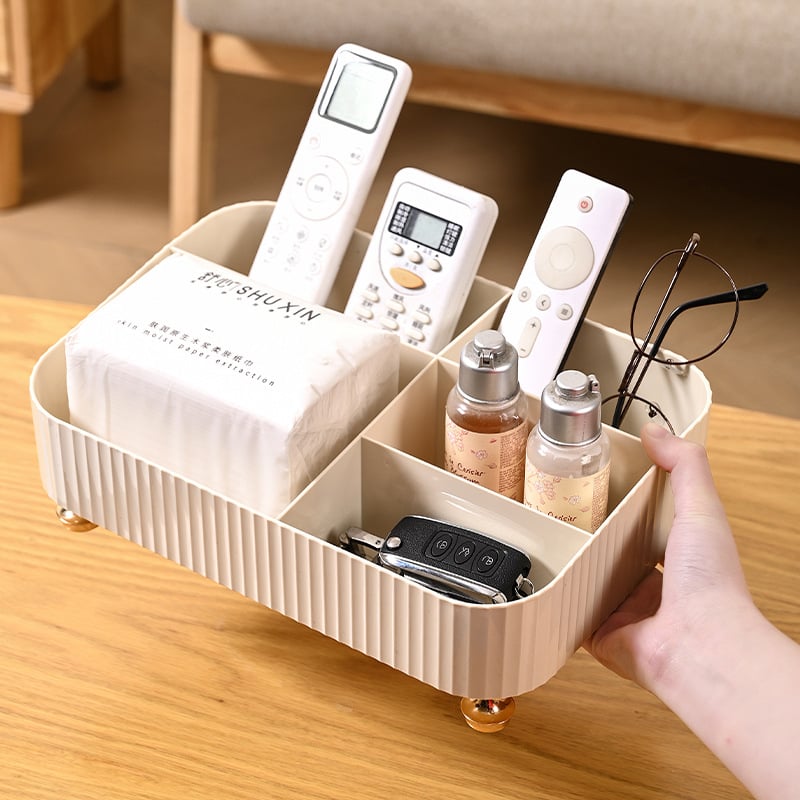 Organizator de cosmetică pentru birou cu compartimente divizate și compartiment pentru telecomandă, plastic, stil lux accesibil (plastic; lux accesibil; compartiment pentru telecomandă; compartimente divizate; stocare cosmeticiste și îngrijire a pielii)