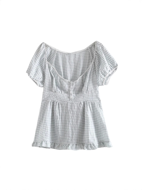 Póló buborékos ujjakkal, V-nyakú, háromgombos záródás, csíkos mintázat, pamut-poliészter keverék