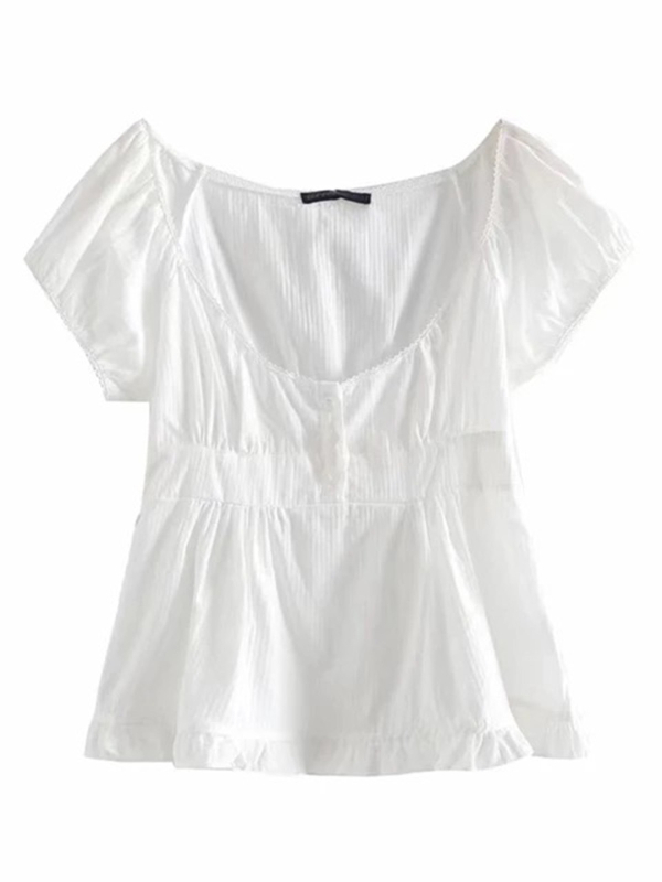 Póló buborékos ujjakkal, V-nyakú, háromgombos záródás, csíkos mintázat, pamut-poliészter keverék