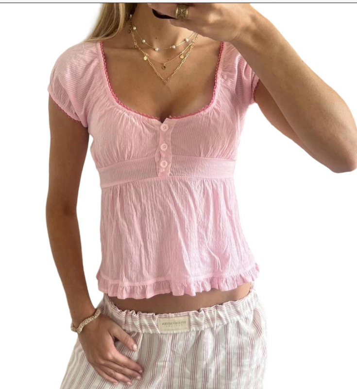 Póló buborékos ujjakkal, V-nyakú, háromgombos záródás, csíkos mintázat, pamut-poliészter keverék