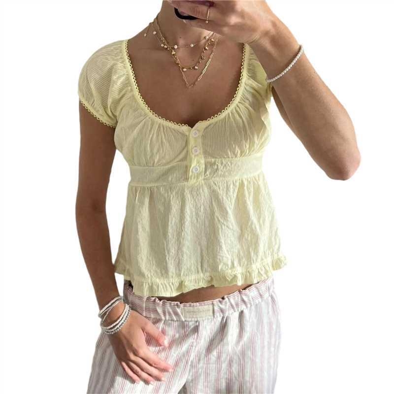 Póló buborékos ujjakkal, V-nyakú, háromgombos záródás, csíkos mintázat, pamut-poliészter keverék