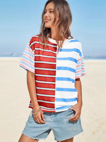 Női csíkos poliészter ing, lazán szabású, kerek nyakú, hosszú ujjú