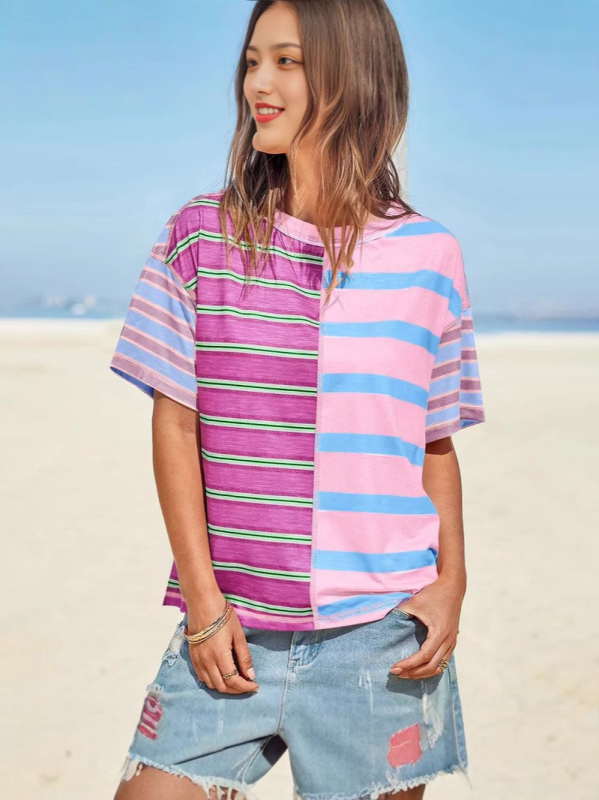 Női csíkos poliészter ing, lazán szabású, kerek nyakú, hosszú ujjú