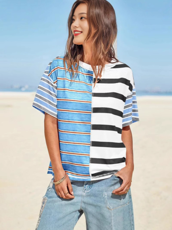 Női csíkos poliészter ing, lazán szabású, kerek nyakú, hosszú ujjú