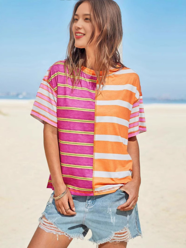 Női csíkos poliészter ing, lazán szabású, kerek nyakú, hosszú ujjú