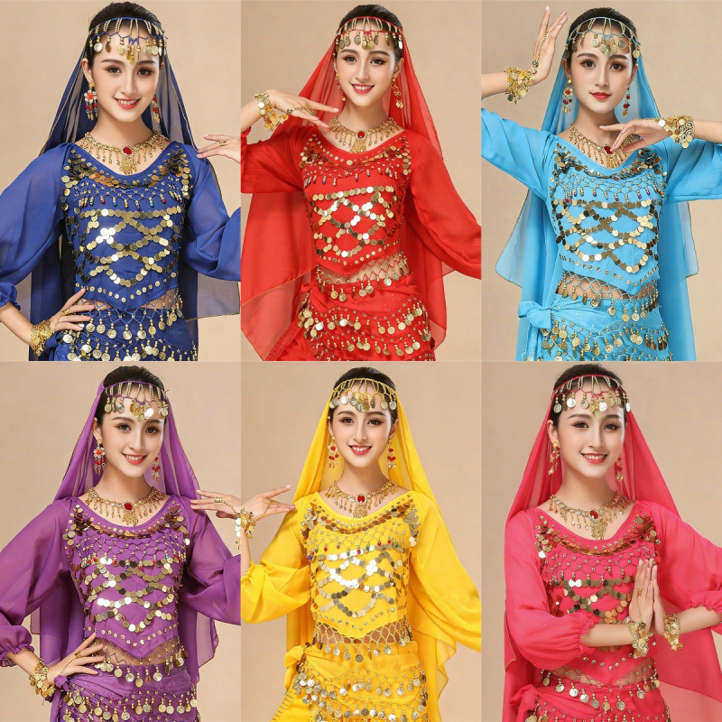 Női etnikai táncos kosztüm hosszú ujjú, indián stílusú Xinjiang táncra, színpadi viselet, poliészter anyag