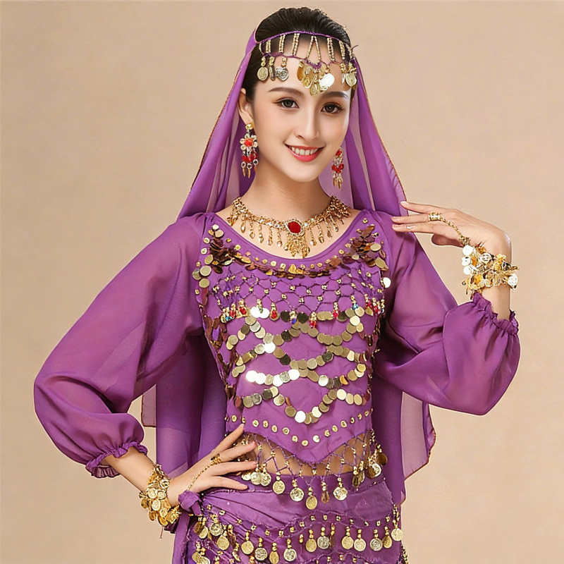 Női etnikai táncos kosztüm hosszú ujjú, indián stílusú Xinjiang táncra, színpadi viselet, poliészter anyag