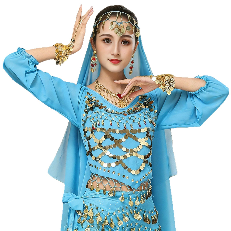 Női etnikai táncos kosztüm hosszú ujjú, indián stílusú Xinjiang táncra, színpadi viselet, poliészter anyag