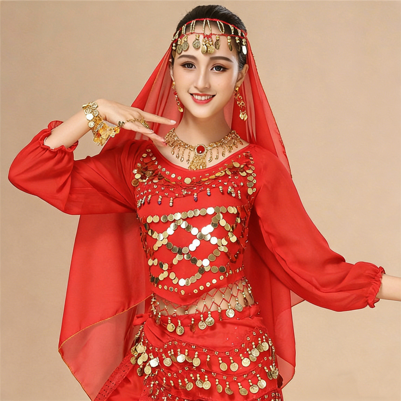 Női etnikai táncos kosztüm hosszú ujjú, indián stílusú Xinjiang táncra, színpadi viselet, poliészter anyag