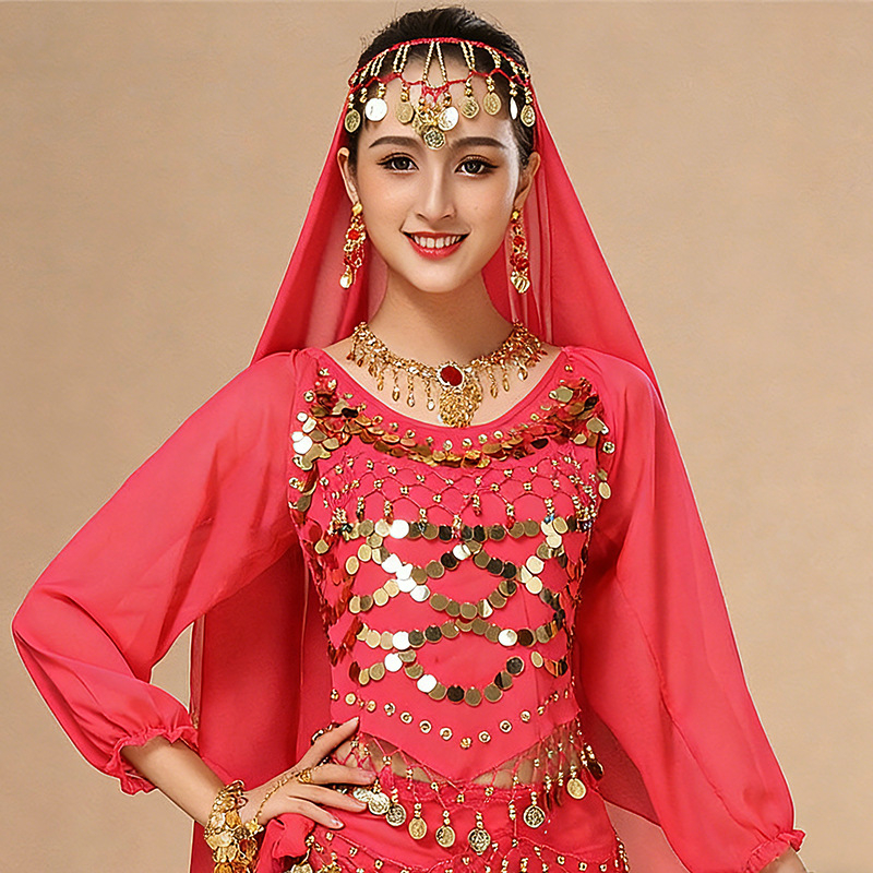 Női etnikai táncos kosztüm hosszú ujjú, indián stílusú Xinjiang táncra, színpadi viselet, poliészter anyag