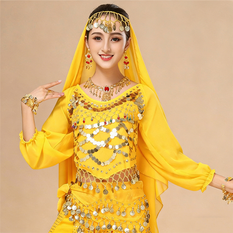 Női etnikai táncos kosztüm hosszú ujjú, indián stílusú Xinjiang táncra, színpadi viselet, poliészter anyag