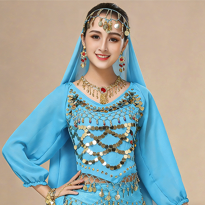 Női etnikai táncos kosztüm hosszú ujjú, indián stílusú Xinjiang táncra, színpadi viselet, poliészter anyag