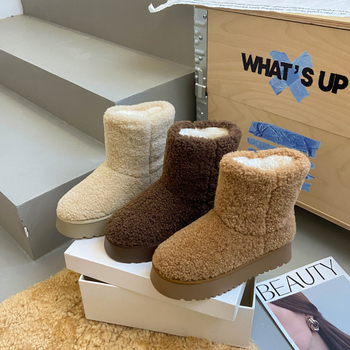 Cizme de iarnă pentru femei, cu înălțime mare, partea superioară din blană, căptușeală din pluș artificial, talpă din cauciuc, toc mediu 3–5 cm, pentru purtare zilnică