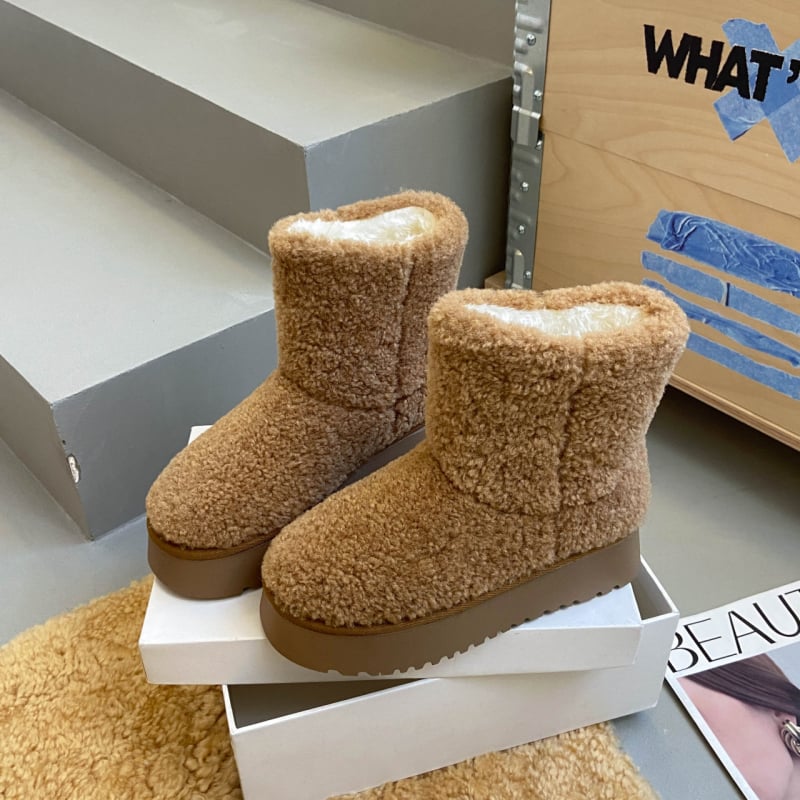 Cizme de iarnă pentru femei, cu înălțime mare, partea superioară din blană, căptușeală din pluș artificial, talpă din cauciuc, toc mediu 3–5 cm, pentru purtare zilnică