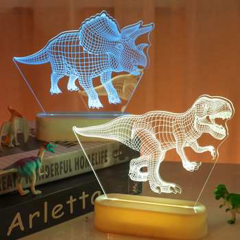 3D акрилна нощна лампа с динозавър за бюро — карикатурна лампа на животно с вградена батерия и бутон за включване, напрежение ≤36V