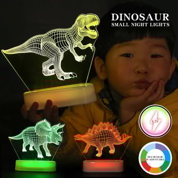 3D акрилна нощна лампа с динозавър за бюро — карикатурна лампа на животно с вградена батерия и бутон за включване, напрежение ≤36V