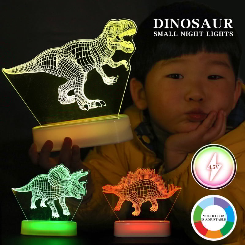 3D акрилна нощна лампа с динозавър за бюро — карикатурна лампа на животно с вградена батерия и бутон за включване, напрежение ≤36V