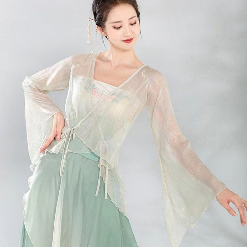 Costum clasic de dans cu top din tul fin și pantaloni largi pentru dansul belly, material din bumbac, 95%+ conținut, unisex, vară 2022