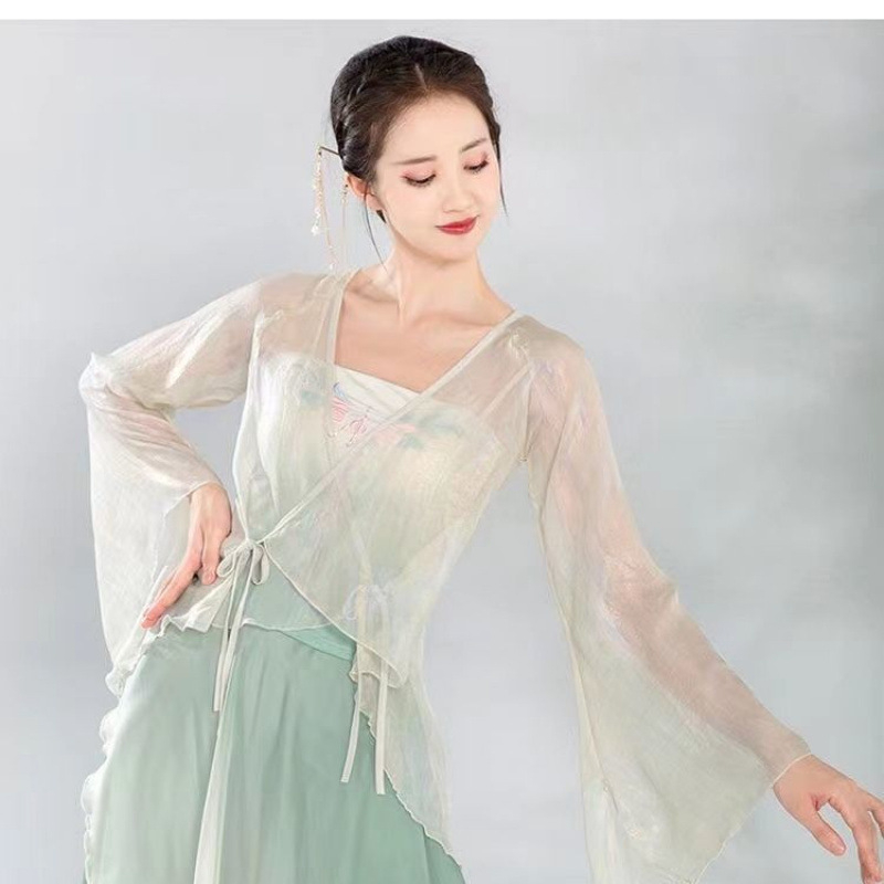 Costum clasic de dans cu top din tul fin și pantaloni largi pentru dansul belly, material din bumbac, 95%+ conținut, unisex, vară 2022