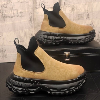 Ghete Chelsea pentru bărbați cu talpă groasă, partea superioară din Super Fiber, talpa din spumă de cauciuc, gleznă joasă, căptușeală interioară din pluș artificial scurt