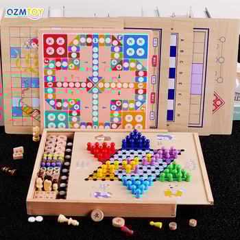 Set de jocuri din lemn 27 în 1: șah, dame și șah chinezesc (Xiangqi) – jucărie educațională de birou pentru copii 7–14 ani