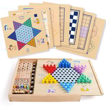 Set de jocuri din lemn 27 în 1: șah, dame și șah chinezesc (Xiangqi) – jucărie educațională de birou pentru copii 7–14 ani