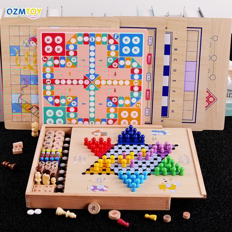 Set de jocuri din lemn 27 în 1: șah, dame și șah chinezesc (Xiangqi) – jucărie educațională de birou pentru copii 7–14 ani