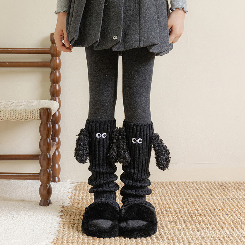 Șosete pentru fete din acril, model cu pui de câine, tricotate jacquard, până la mijlocul gambei, pentru iarnă