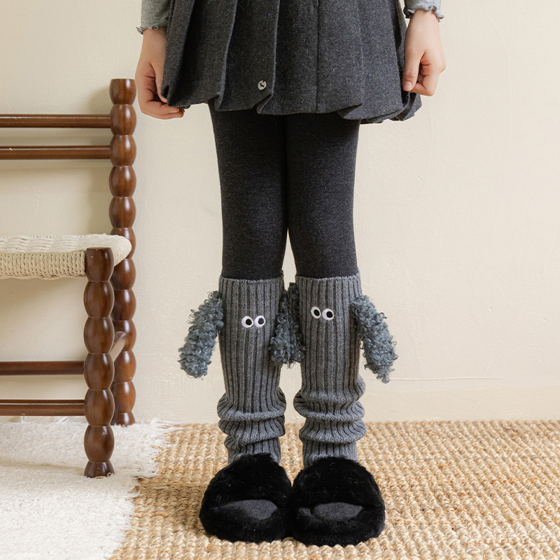 Șosete pentru fete din acril, model cu pui de câine, tricotate jacquard, până la mijlocul gambei, pentru iarnă
