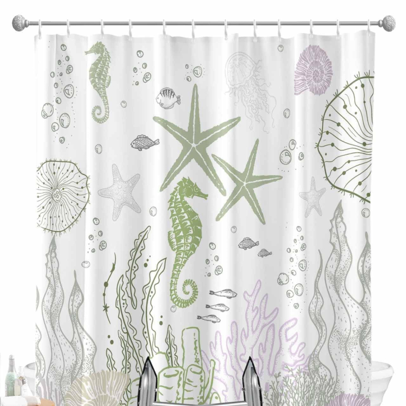 Cortină de duș - Temă oceanică cu stea de mare și țestoasă, imprimare digitală, poliester impermeabil 90 g, personalizabil