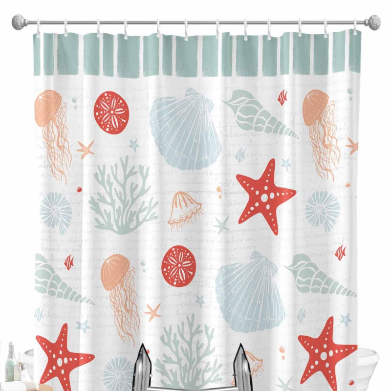 Cortină de duș - Temă oceanică cu stea de mare și țestoasă, imprimare digitală, poliester impermeabil 90 g, personalizabil