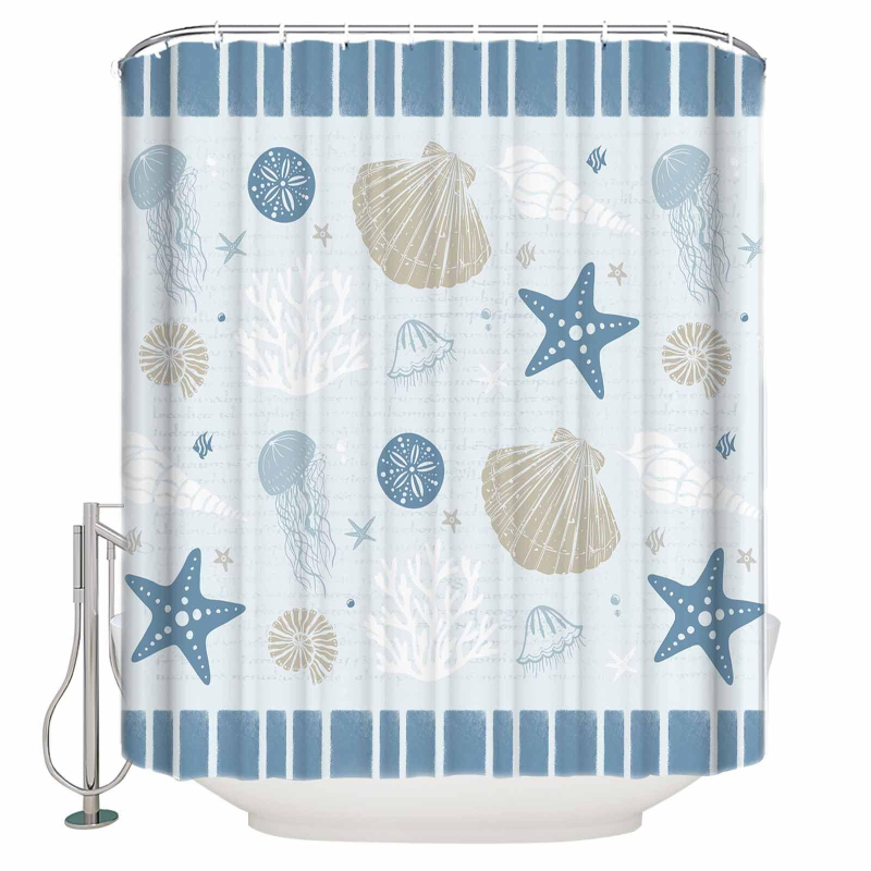 Cortină de duș - Temă oceanică cu stea de mare și țestoasă, imprimare digitală, poliester impermeabil 90 g, personalizabil