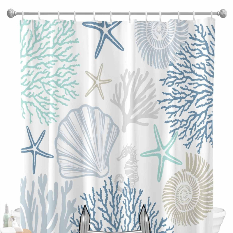 Cortină de duș - Temă oceanică cu stea de mare și țestoasă, imprimare digitală, poliester impermeabil 90 g, personalizabil