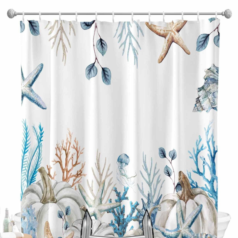 Cortină de duș - Temă oceanică cu stea de mare și țestoasă, imprimare digitală, poliester impermeabil 90 g, personalizabil