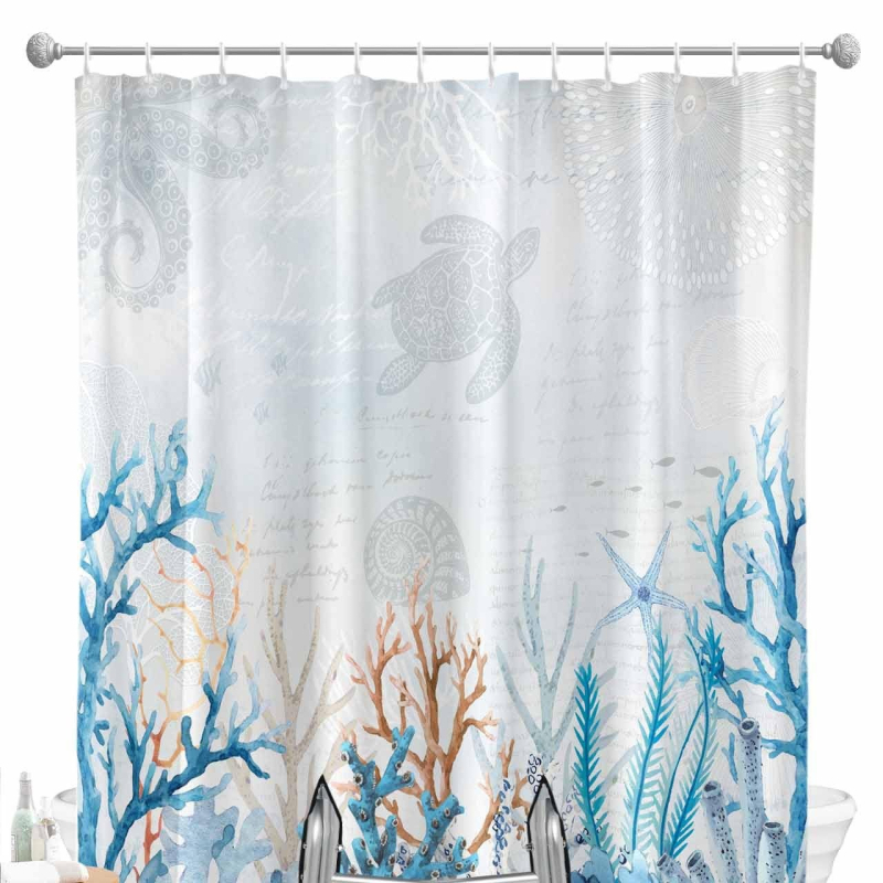 Cortină de duș - Temă oceanică cu stea de mare și țestoasă, imprimare digitală, poliester impermeabil 90 g, personalizabil