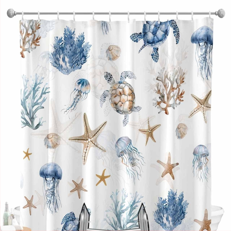 Sprchový záves - Oceánska téma so morskou hviezdicou a korytnačkou, digitálny tlač, 90 g nepremokavý polyester, prispôsobiteľný