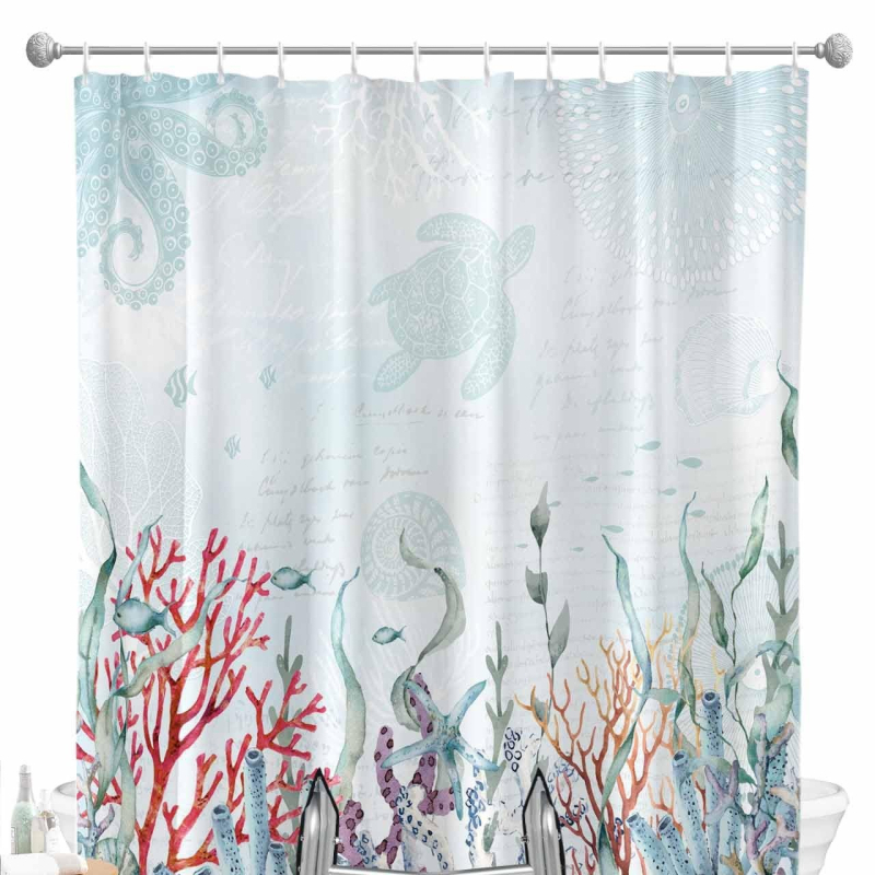 Cortină de duș - Temă oceanică cu stea de mare și țestoasă, imprimare digitală, poliester impermeabil 90 g, personalizabil