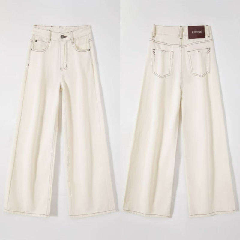 Jeanși cu elastice în patru direcții, croială largă, talie înaltă, denim din bumbac și poliester, țesătură densă