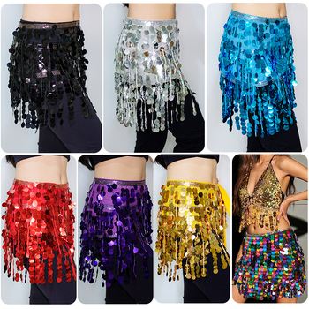 Set brâu pentru Belly Dance cu ciucuri și fustă cu paiete – costum de spectacol pentru dans oriental, stil street hipster, poliester 95%+